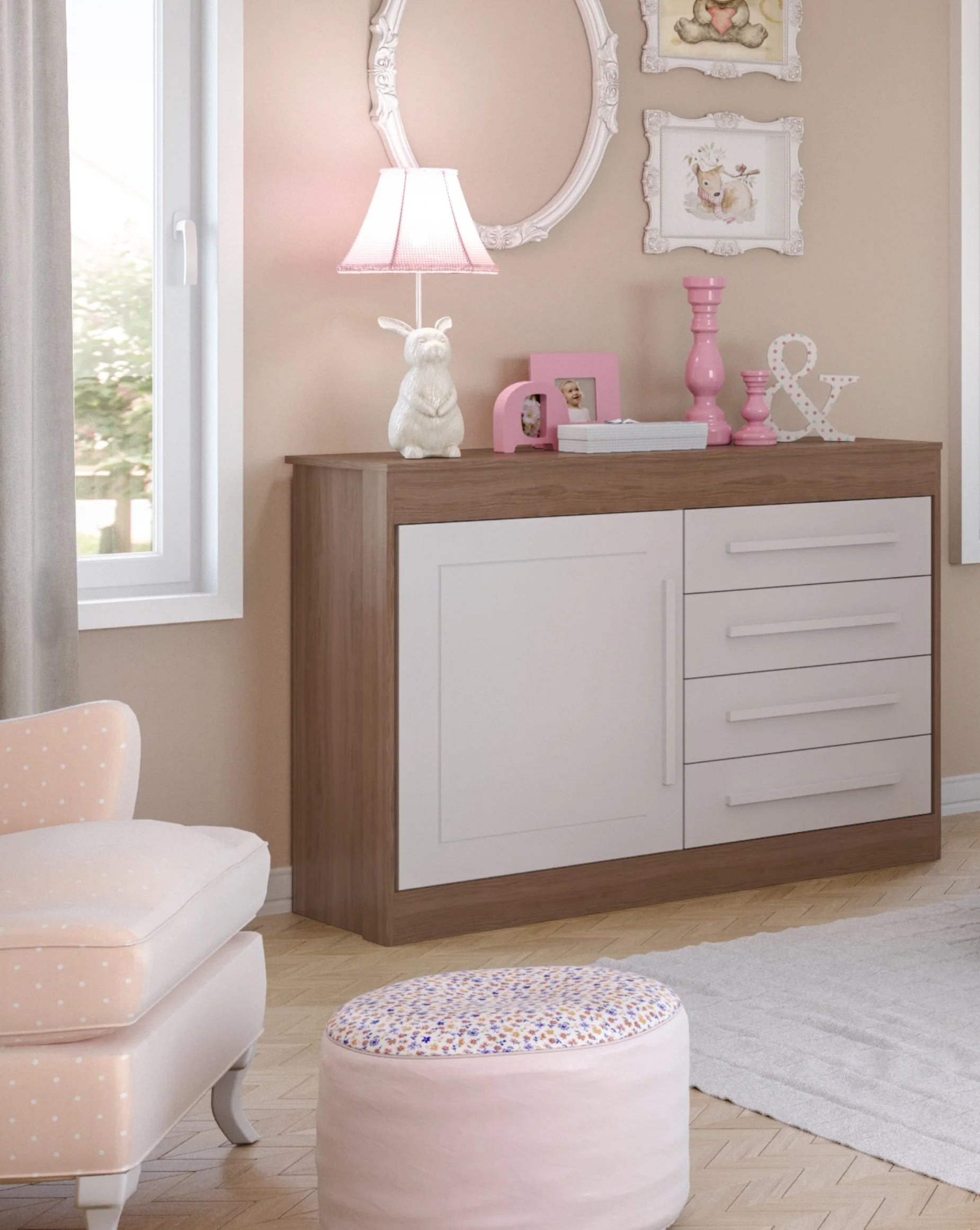 Comoda 4 Gavetas Color Blanco Y Roble